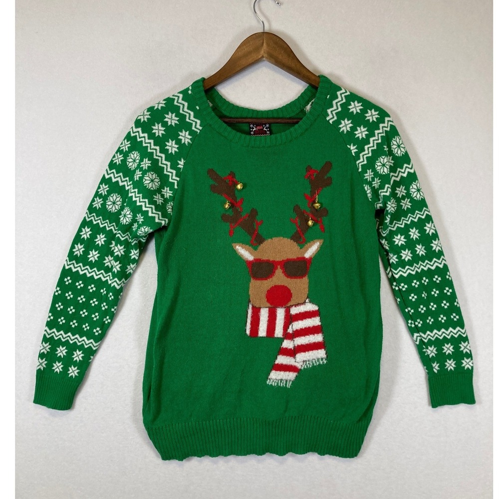 Festive Well Worn Women Medium Green Reindeer Jingle Bell Ugly Christmas Sweater